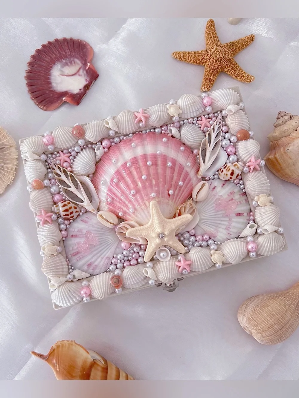 Handmade Seashell Pearl Embellished Jewelry Box - Pink